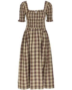 Damson Madder Emmy Shirred Checked Midi Dress - Natural