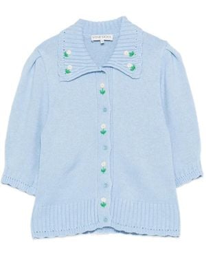 Stine Goya Floral-Embroidered Puff-Sleeve Cardigan - Blue
