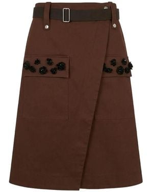 Plan C Floral-Embellished Wrap Midi Skirt - Brown