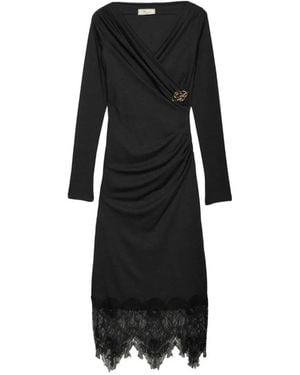 Blumarine Lace-Trim Ruched Midi Dress - Black