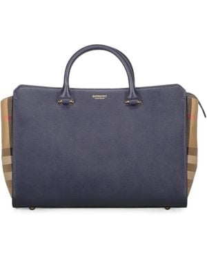 Burberry Check-Panel Leather Tote Bag - Blue