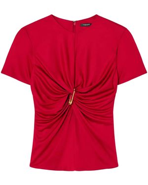 Versace Top Con Arricciature E Spilla Da Balia - Rosso