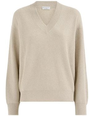 Brunello Cucinelli Cardigan En Cachemire Scintillant À Côtes Anglaises - Blanc