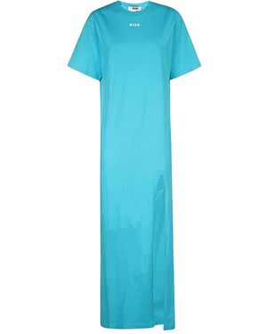 MSGM Logo-Print Side-Slit Maxi Dress - Blue