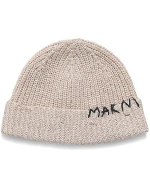 Marni Wool Beanie With Mending-Embroidery - Natural
