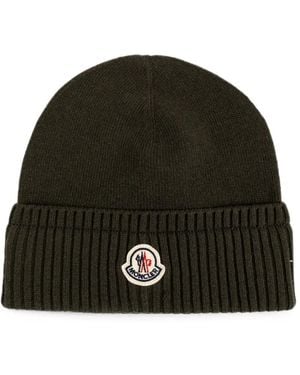 Moncler Logo-Patch Ribbed-Trim Beanie Hat - Black