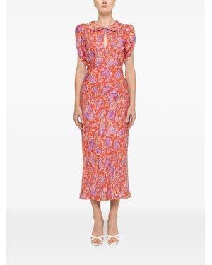 Nissa Floral-Print Peter Pan-Collar Midi Dress - Red