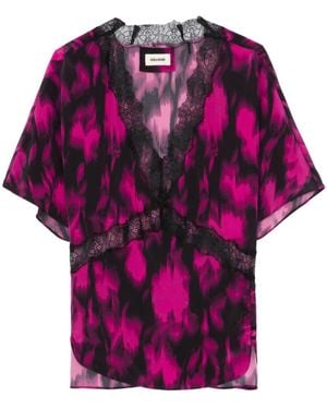 Zadig & Voltaire Graphic Print Lace-Trim Silk Blouse - Pink