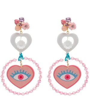 Amir Slama Heart-Charm Eye-Motif Drop Earrings - Pink