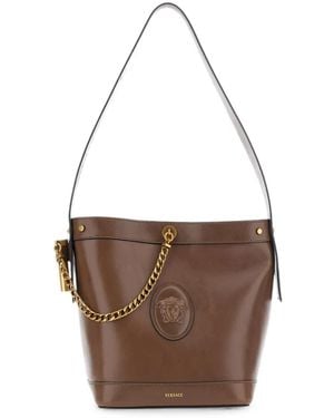 Versace Pivot Small Leather Bucket Bag - Brown