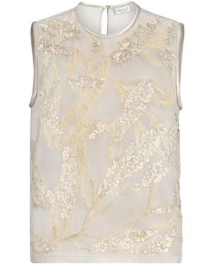 Brunello Cucinelli Crispy Silk Top With Dazzling Seabed Embroidery - White