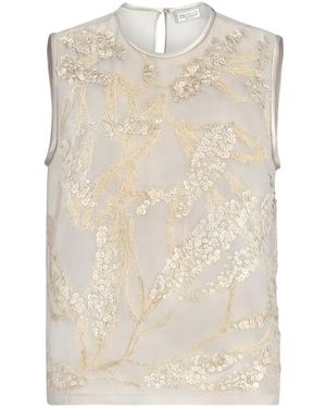 Brunello Cucinelli Crispy Silk Top With Dazzling Seabed Embroidery - White
