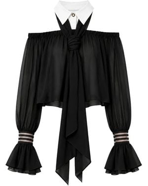 Elisabetta Franchi Off-Shoulder Pussy-Bow Blouse - Black