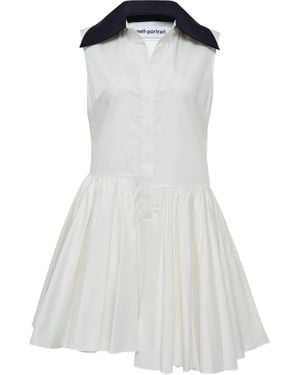 Self-Portrait Contrast-Collar Flared Dress - White