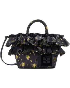 Ganni Mini Ruffled Print Tote Bag - Black