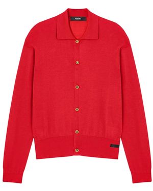 Versace Silk-Cotton Knit Polo Cardigan - Red