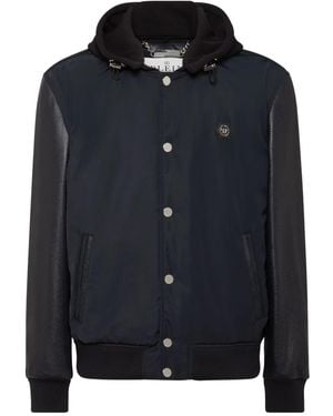 Philipp Plein Leather-Sleeve Hooded Bomber Jacket - Black
