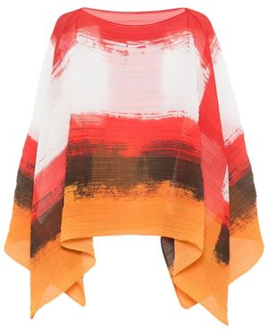 Pleats Please Issey Miyake Pleated Abstract-Print Top - Orange