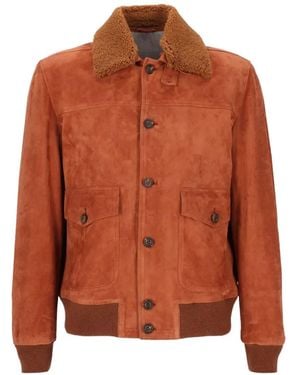 Eleventy Shearling-Collar Suede Jacket - Orange