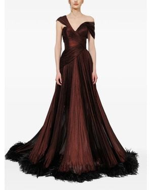 IRIS SERBAN Carla Feather-Trimmed Pleated Gown - Brown