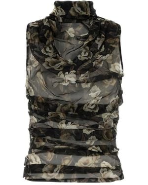 Magda Butrym Floral-Print Organza Top - Black
