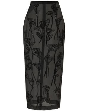 Carolina Herrera Floral-Embroidered Organza Midi Skirt - Black