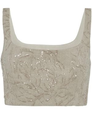 Brunello Cucinelli Sequin-Embellished Leaf-Motif Crop Top - Gray