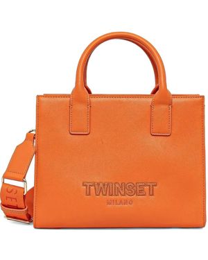 Twinset Logo-Embossed Leather Tote Bag - Orange