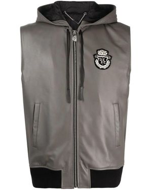 Billionaire Sleeveless Hooded Leather Zip Vest - Grey