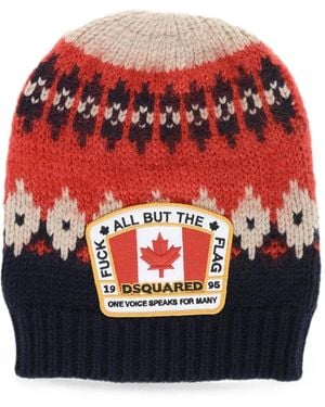 DSquared² Fair Isle Logo-Patch Beanie Hat - Red