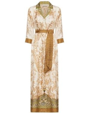 Pierre Louis Mascia Aloe Floral-Print Silk Maxi Shirt Dress - Metallic