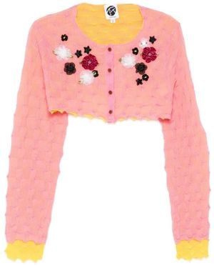 YANYAN KNITS Crop Floral Appliqué Cardigan - Pink