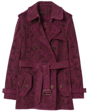 Burberry Short Paisley Suede Foxfield Trench Coat - Purple