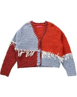 The Elder Statesman Frayed Patchwork Cardigan - Red