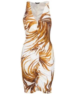 Just Cavalli Leaf-Print Ruffled Mini Dress - Metallic