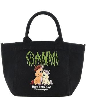 Ganni Small Logo-Print Tote Bag - Black