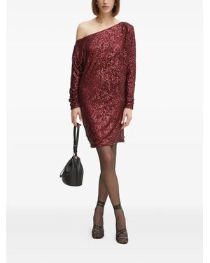 guess red sequin dress MARCIANO Celia Dress, Red, Fitted Bodice with Low Back and Beaded String Detail, Long Sleeves, High Boat Neckline, Pencil Skirt Fit, Midi Length, Side