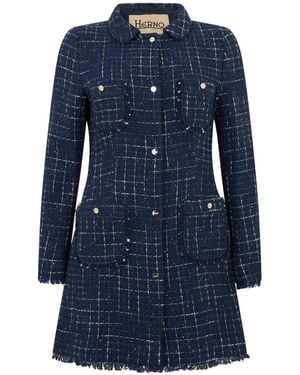 Herno Tweed Frayed-Edge Coat - Blue