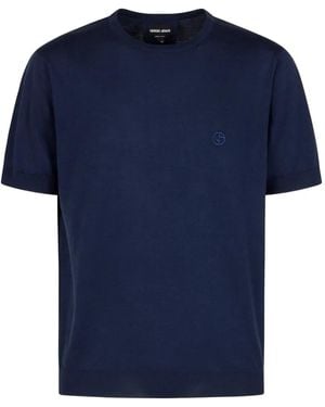 Giorgio Armani Kurzärmeliger Pullover Mit Logo-Stickerei - Blau