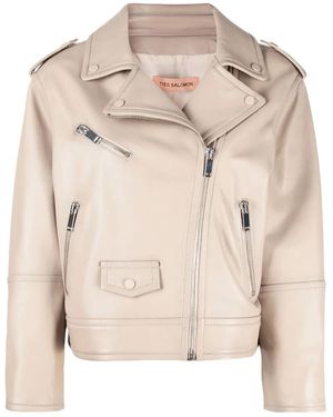 Yves Salomon Zip-Up Leather Biker Jacket - Natural