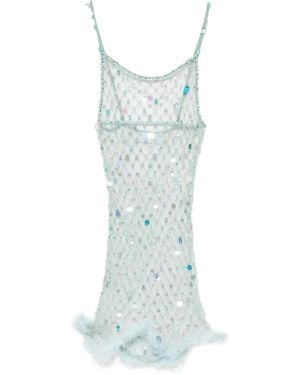Roberta Einer Feather-Trim Mesh Mini Dress - Blue