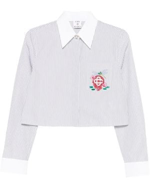 CASABLANCA Cropped Long-Sleeved Striped Shirt With Floral Embroidery - White