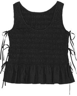 Ganni Cotton Smock Tie Top - Black