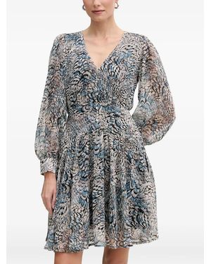 Morgan Resky Feather-Print V-Neck Mini Dress - Grey