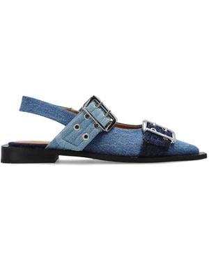 Ganni Buckled Denim Ballet Flats - Blue