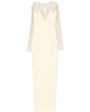 Jean Louis Sabaji Crystal-Grid Embroidered Crepe Dress - White