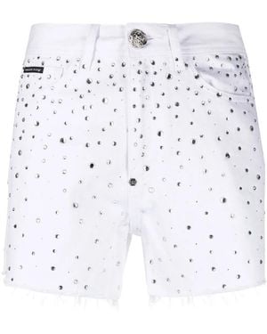 Philipp Plein Crystal-Embellished Denim Shorts - White
