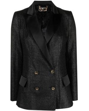 Elisabetta Franchi Double-Breasted Laminated-Tweed Blazer - Black