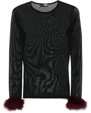 Mugler Mesh-Panel Feather-Cuff Top - Black