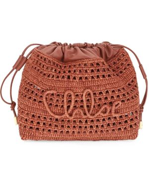 Chloé Logo-Embroidered Raffia Shoulder Bag - Rosso